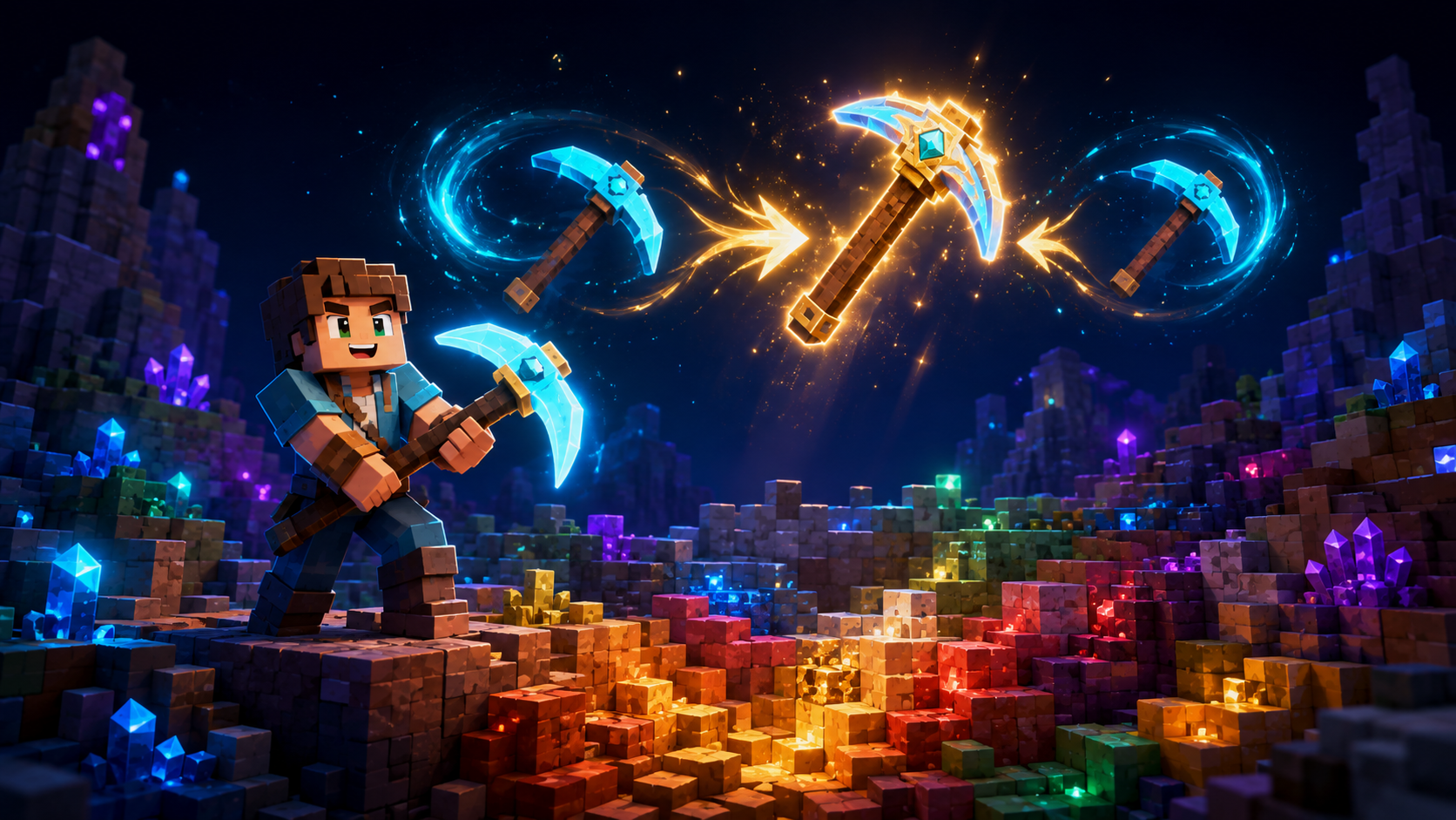 Original illustration of two matching pickaxes merging into an upgraded pickaxe above a colorful dig site